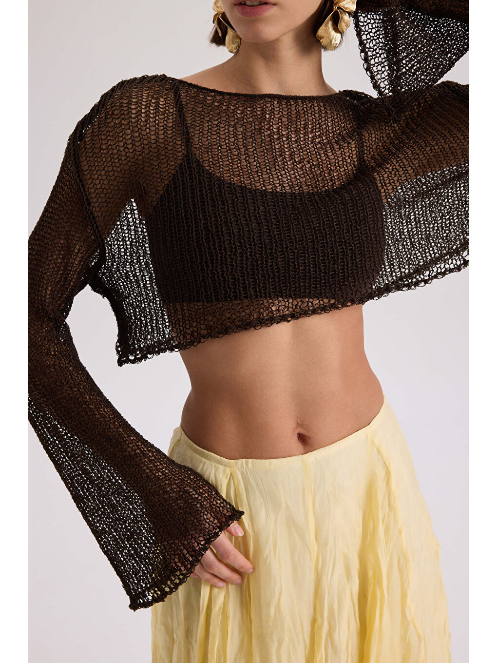 Kahverengi Daisy Kahve İnce Triko Crop-6