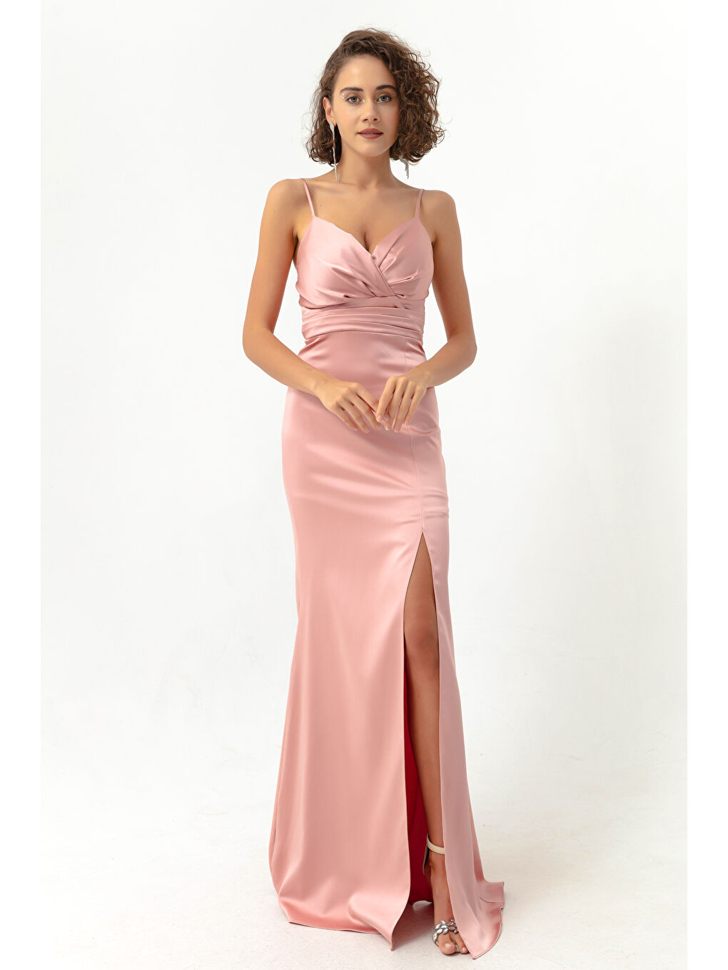 Pembe Kadın Pudra Askılı Yırtmaçlı Uzun Saten Abiye & Mezuniyet Elbisesi-2