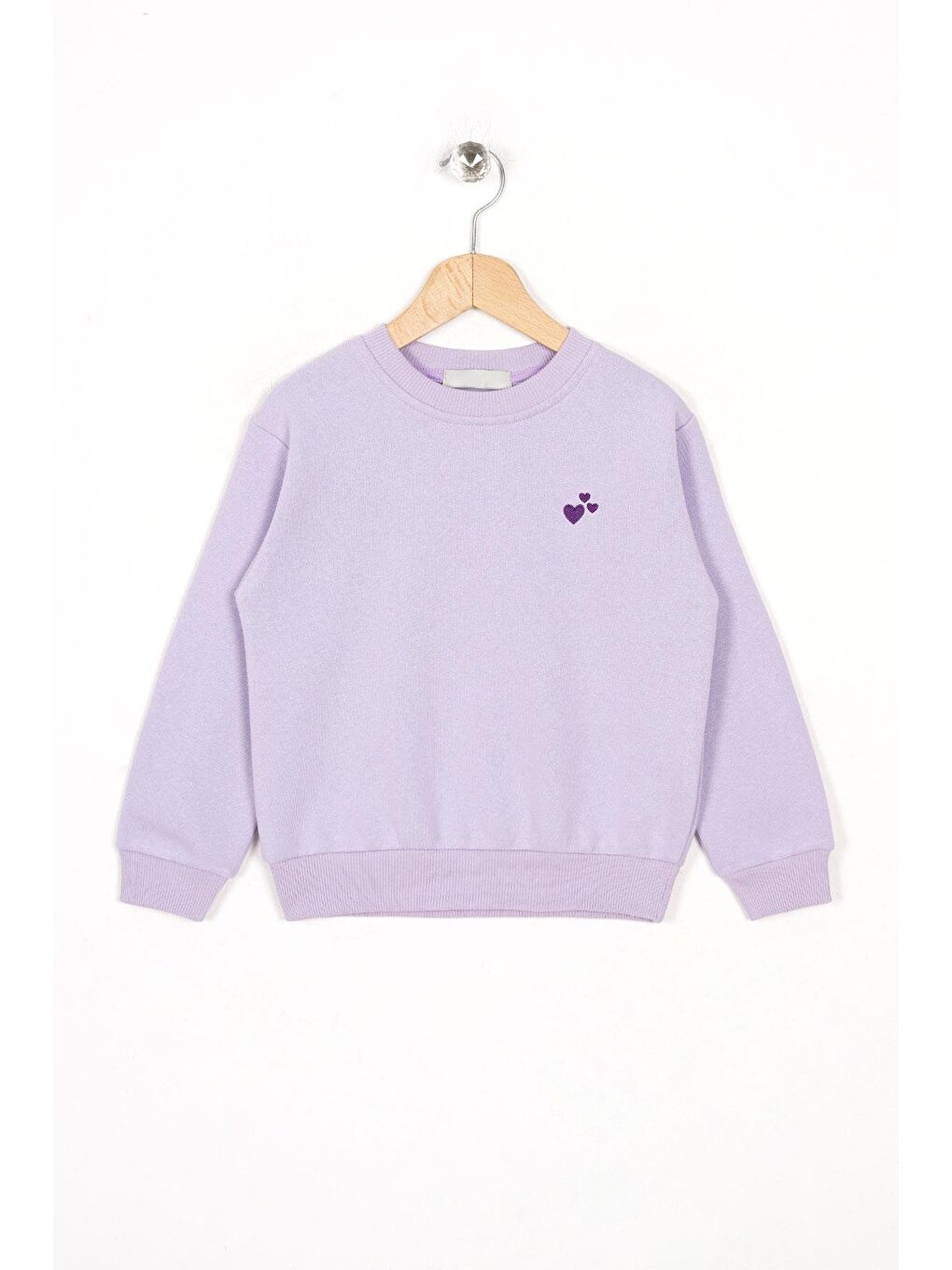 Lila Bisiklet Yaka Kalp Nakışlı Şardonlu Kız Çocuk Sweatshirt