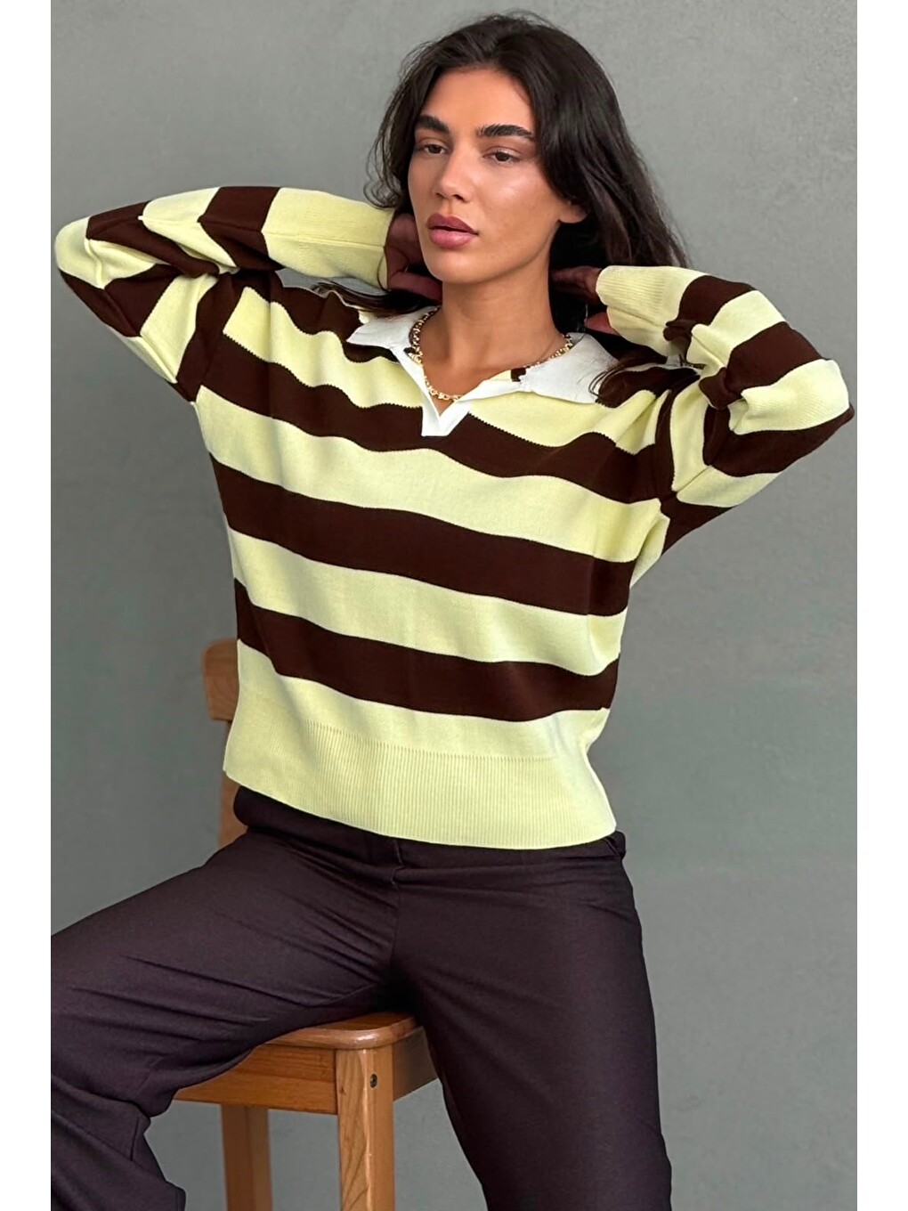 Sarı Çizgili Polo Yaka Kadın Kazak Mg2882-5