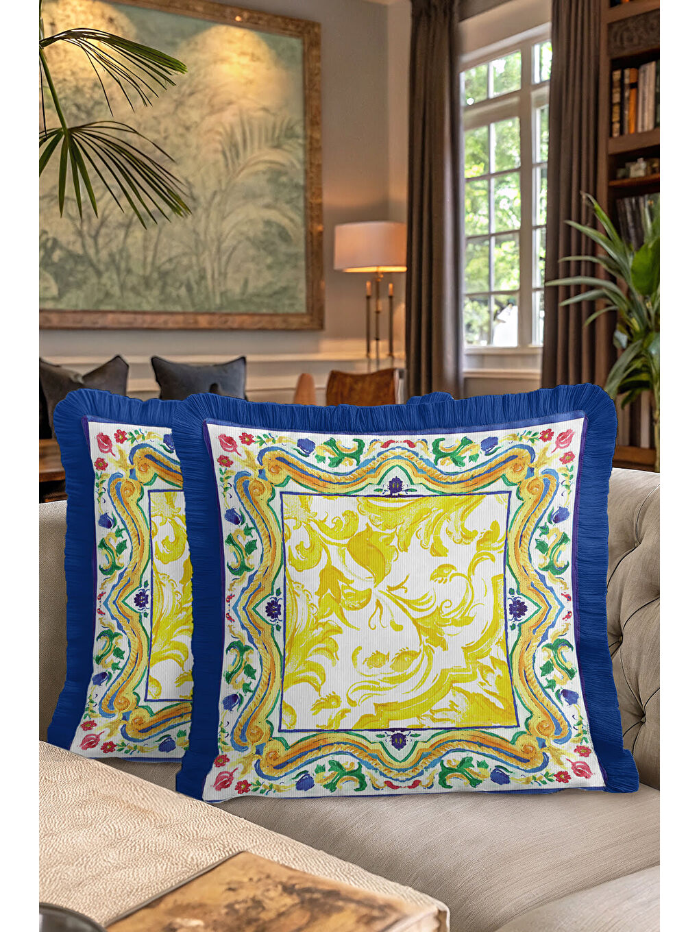 Karışık Barok Saray Motifli Saçaklı Yastık Kılıfı - Akdeniz Country Mavi Altın Renk Püsküllü Kırlent Kılıfı-7
