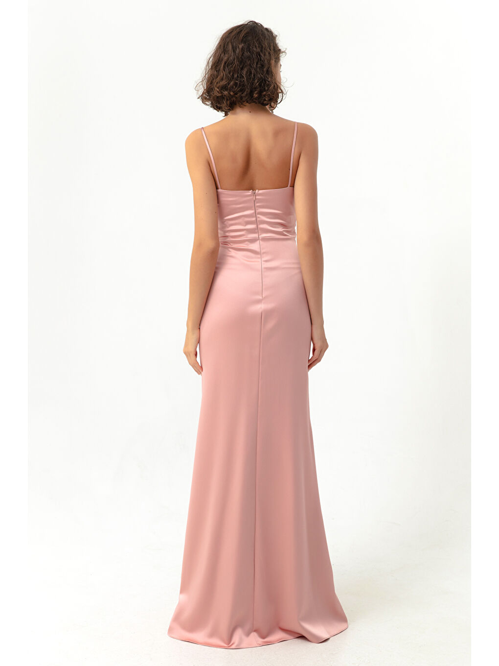 Pembe Kadın Pudra Askılı Yırtmaçlı Uzun Saten Abiye & Mezuniyet Elbisesi-4