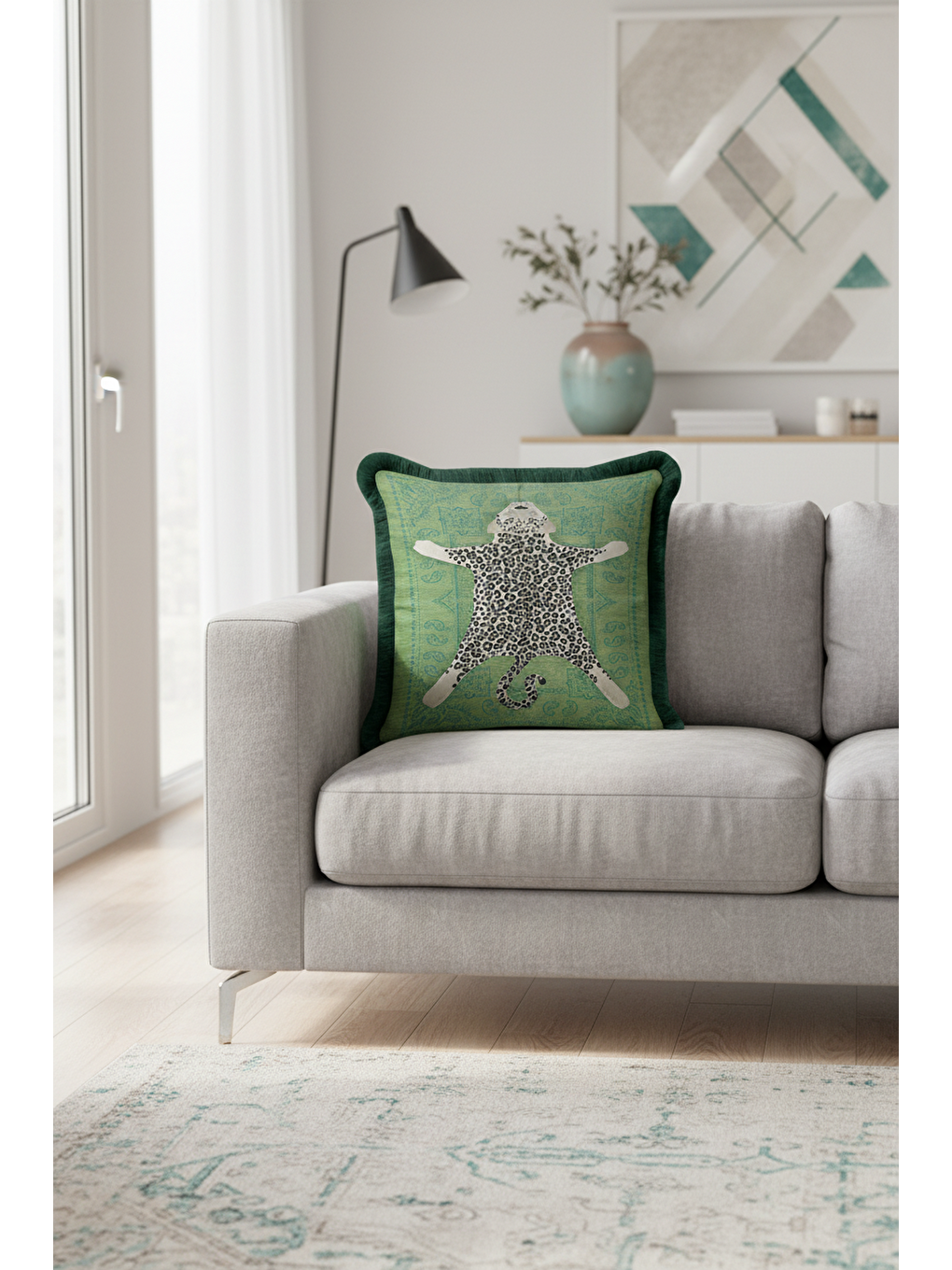 Karışık Lüks Leopar Figürlü Saçaklı Yastık Kılıfı - Bohem Yeşil Retro Mint Püsküllü Kırlent Kılıfı-2