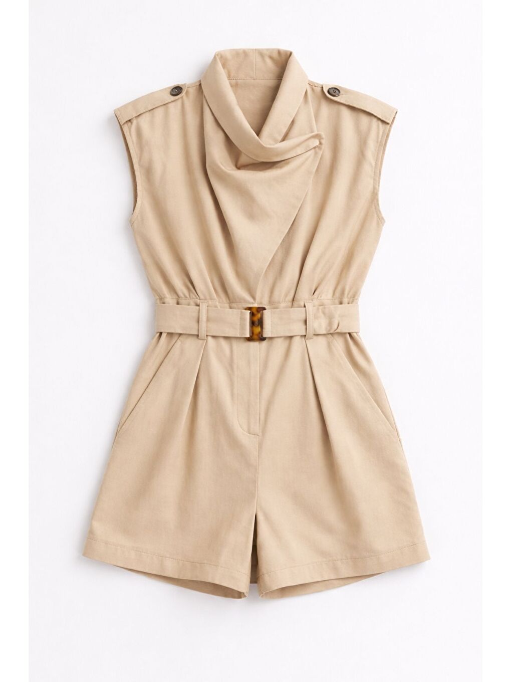 Asimetrik Yaka Kemerli Şort Tulum Bej-1