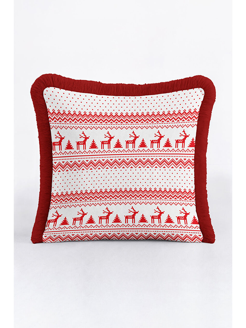 Karışık Yeni Yıl Motifli Saçaklı Yastık Kılıfı - Geyikli Kış Rustik Kırmızı Beyaz Püsküllü Kırlent Kılıfı-1