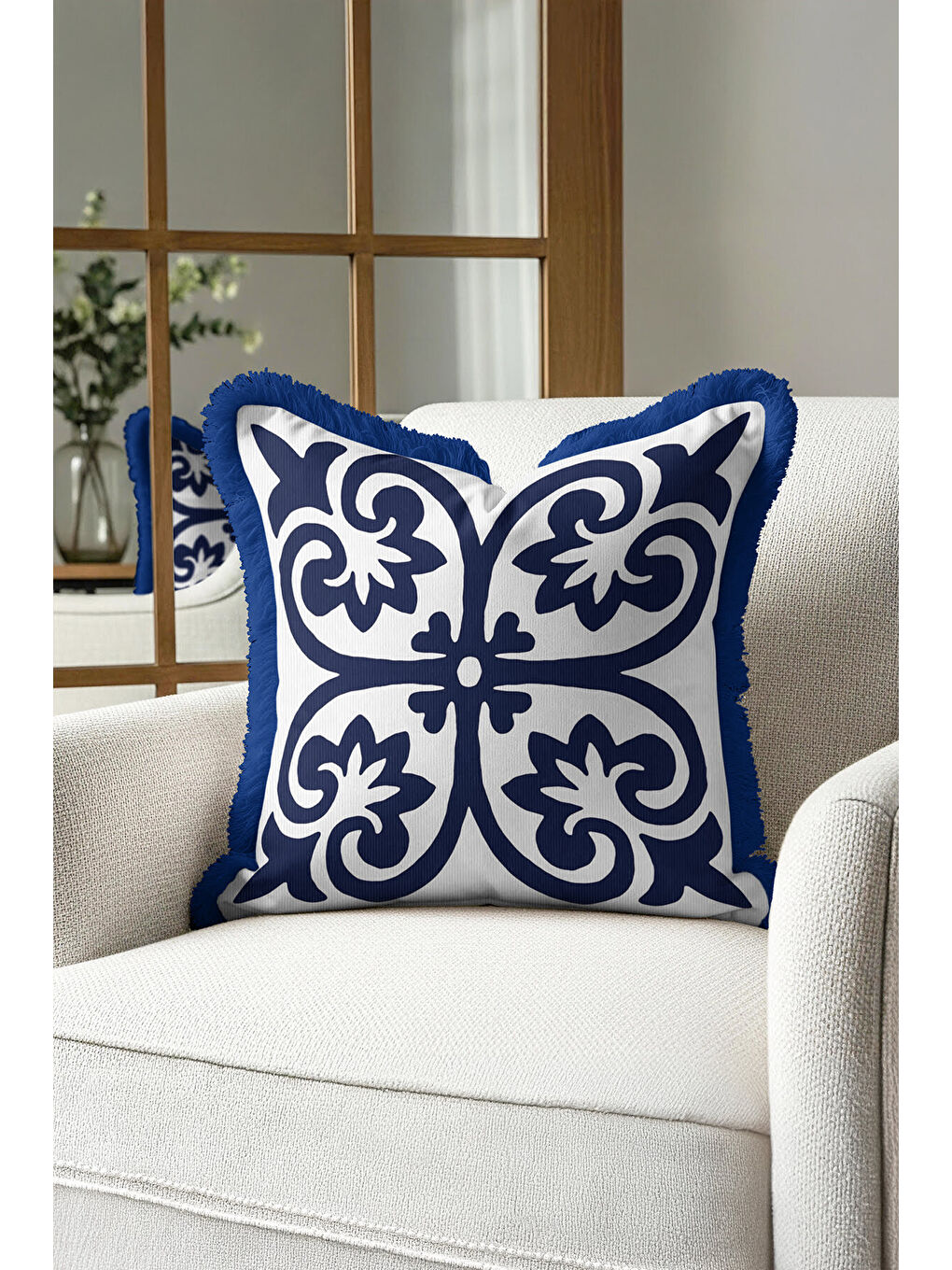 Karışık Barok Motifli Saçaklı Yastık Kılıfı - Akdeniz Klasik Lacivert Beyaz Püsküllü Kırlent Kılıfı