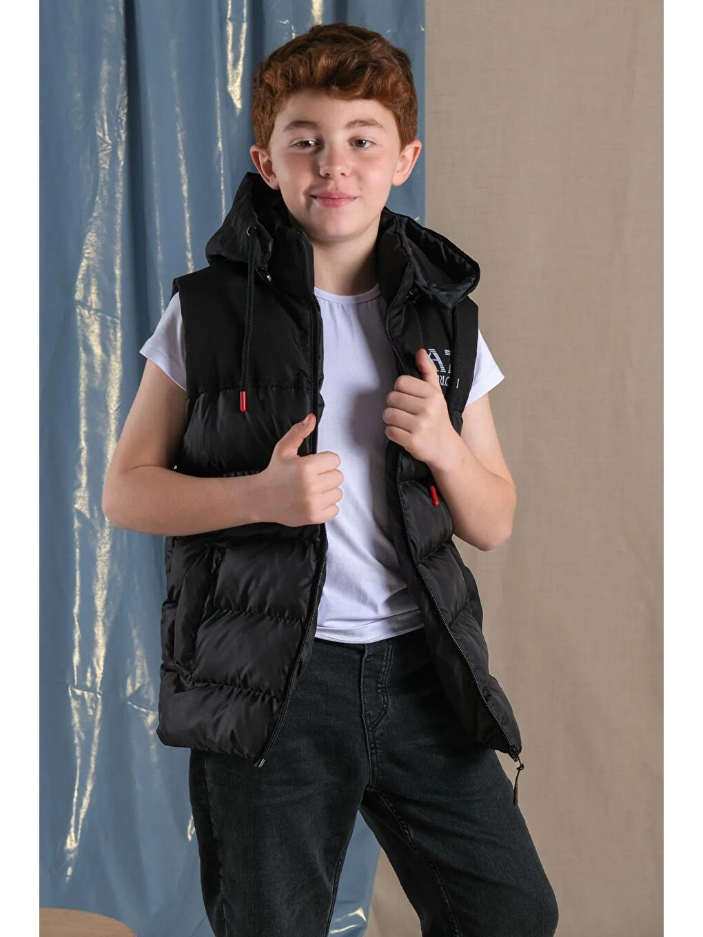 Antrasit Çıkarılabilir Kapüşonlu Su Geçirmez Erkek Çocuk Şişme Yelek Iki Renk-2