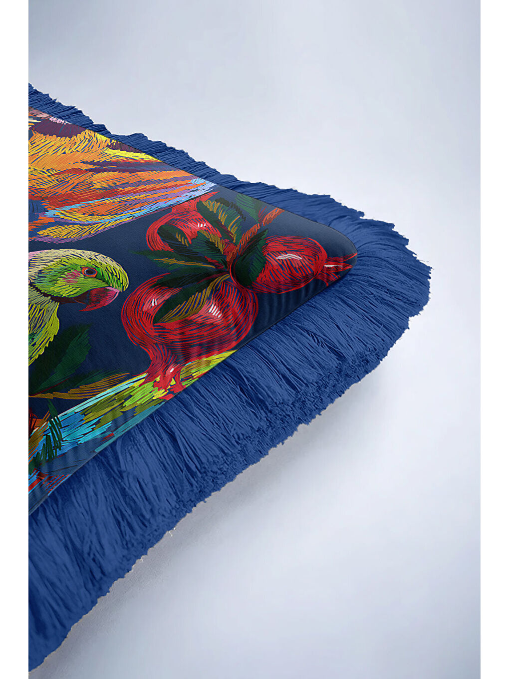 Karışık Tropikal Kuşlar Saçaklı Yastık Kılıfı - Bohem Gece Mavisi Püsküllü Kırlent Kılıfı-6