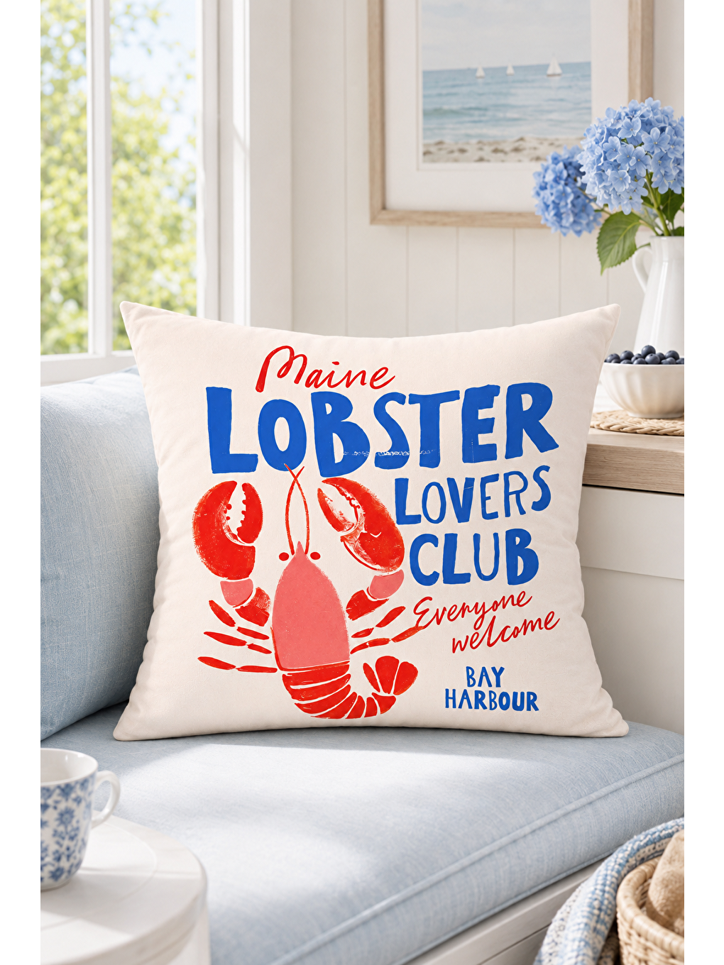 Beyaz Maine Lobster Lovers Club Marin Dekoratif Kırlent Kılıfı Yazlık Ev Dekor 43x43 Cm-6