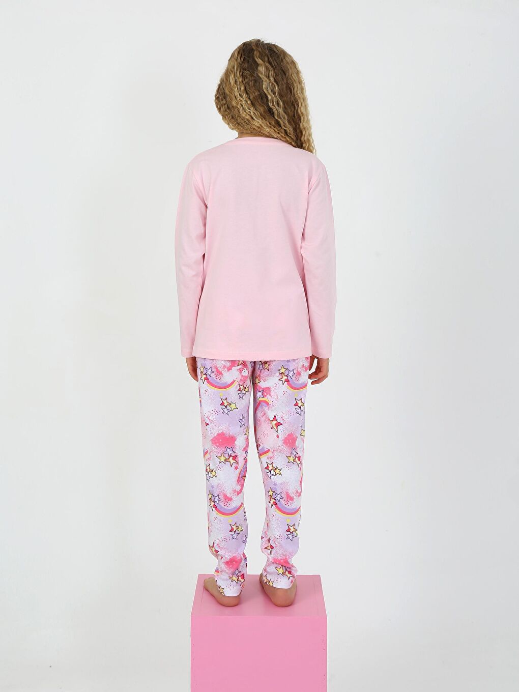 Kız Çocuk Uzun Kollu %100 Pamuklu Pijama Takımı Star Love Toz Pembe-1
