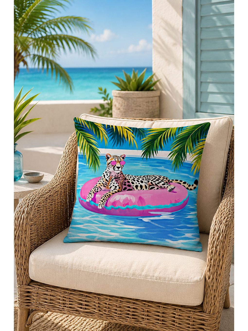 Mavi Havuzda Leopar Tropikal Desenli Dekoratif Kırlent Kılıfı Yazlık Ev Dekor 43x43 Cm-4