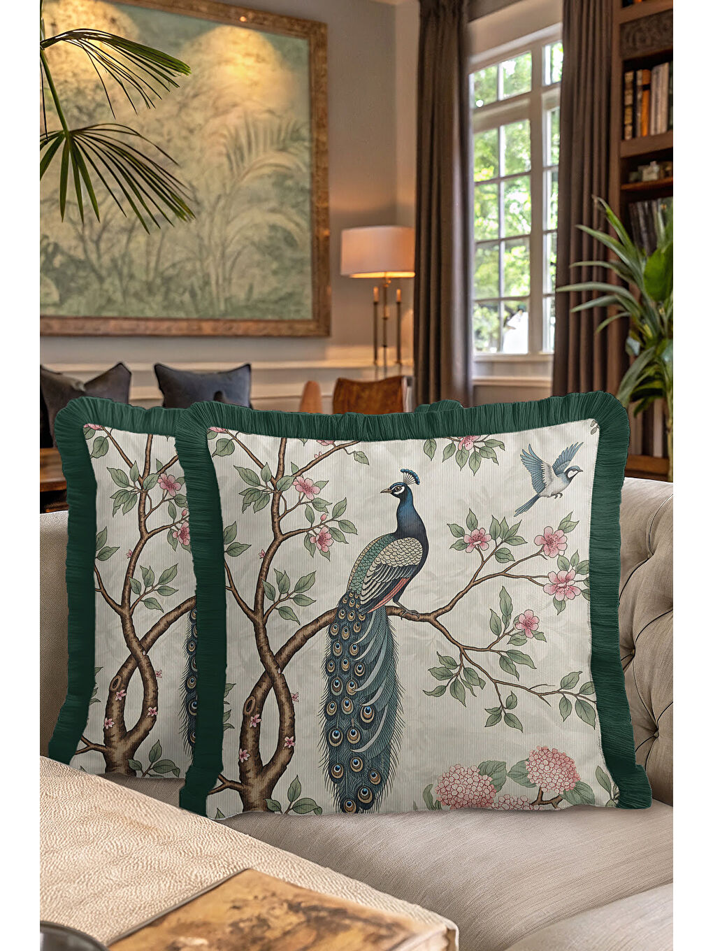 Karışık Zarif Tavuskuşlu Saçaklı Yastık Kılıfı - Doğal Çiçekli Vintage Yeşil Krem Püsküllü Kırlent Kılıfı-7