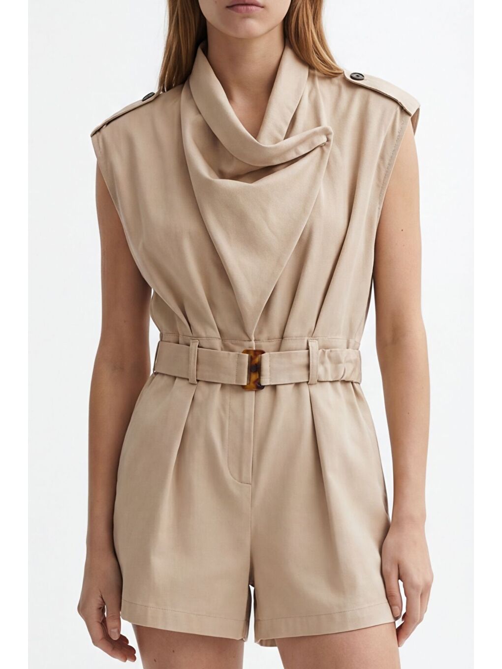 Asimetrik Yaka Kemerli Şort Tulum Bej-2