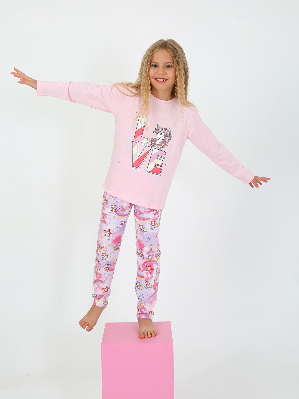 Kız Çocuk Uzun Kollu %100 Pamuklu Pijama Takımı Star Love Toz Pembe-2