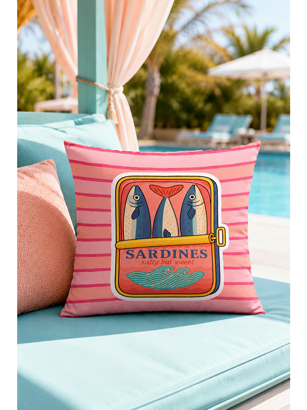 Beyaz Sardines Balık Konservesi Yazı Baskılı Dekoratif Kırlent Kılıfı Yazlık Dekor 43x43 Cm-3