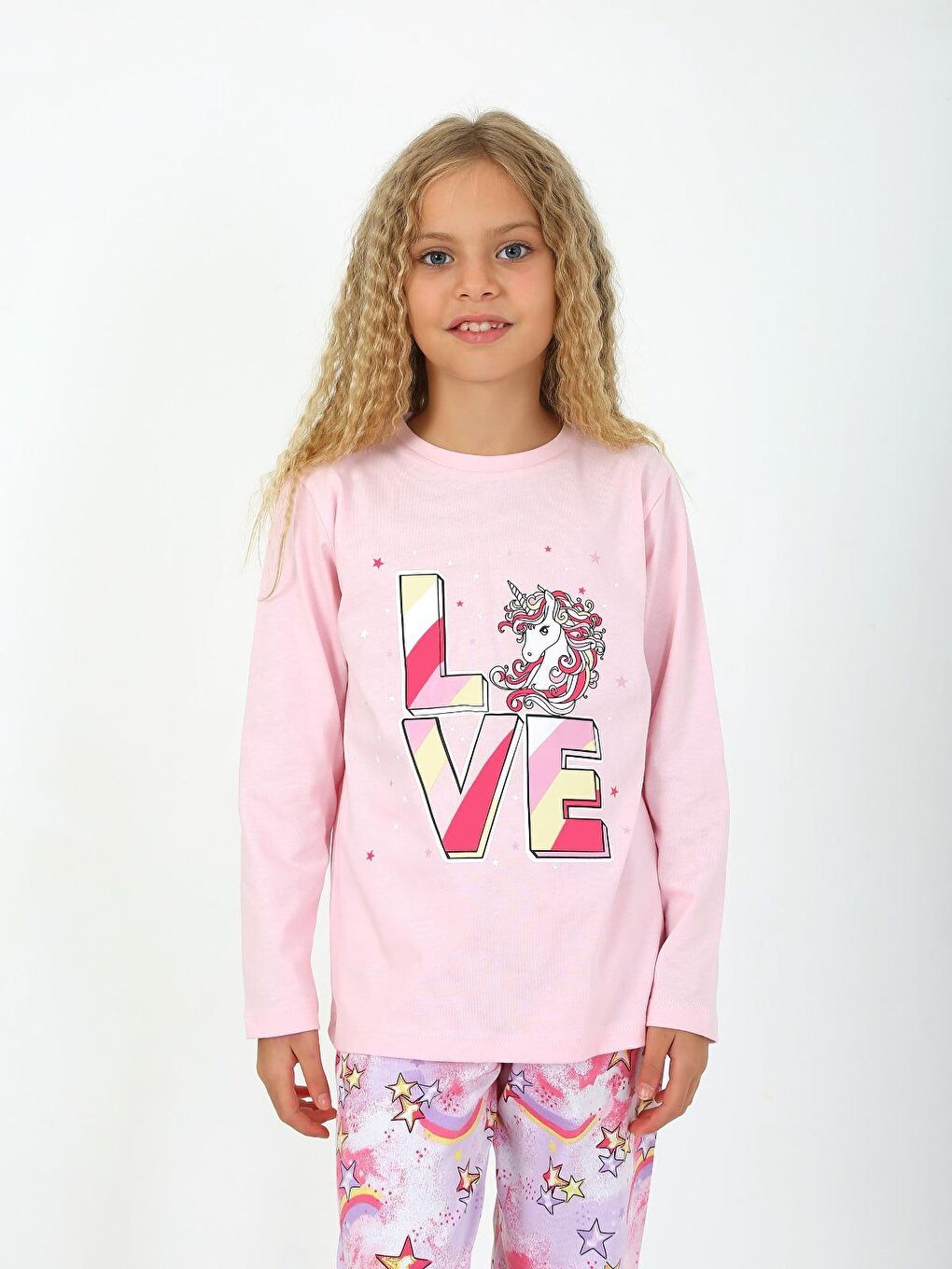 Kız Çocuk Uzun Kollu %100 Pamuklu Pijama Takımı Star Love Toz Pembe-3