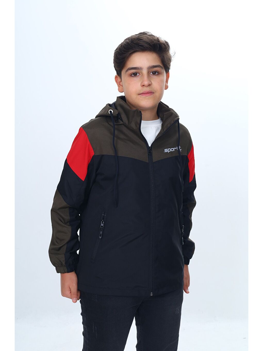 Siyah Erkek Çocuk Sport Baskılı Kapüşonlu Yağmurluk-1