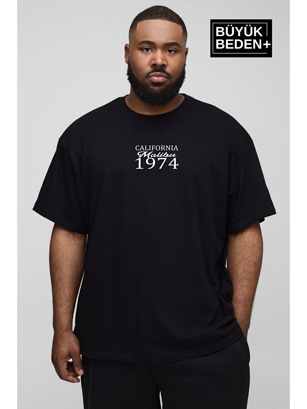 Siyah Erkek  California 1974 Baskılı Bisiklet Yaka Büyük Beden Tişört SPR25BTS906
