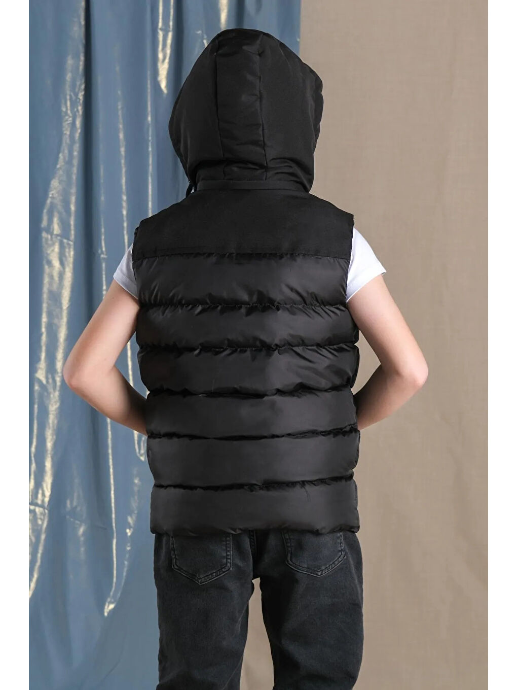Antrasit Çıkarılabilir Kapüşonlu Su Geçirmez Erkek Çocuk Şişme Yelek Iki Renk-3