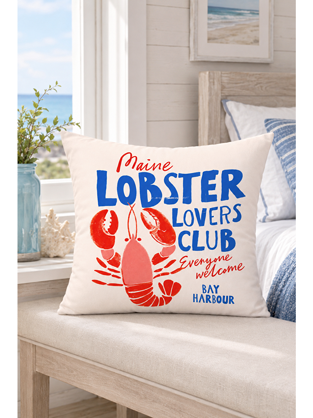 Beyaz Maine Lobster Lovers Club Marin Dekoratif Kırlent Kılıfı Yazlık Ev Dekor 43x43 Cm-7