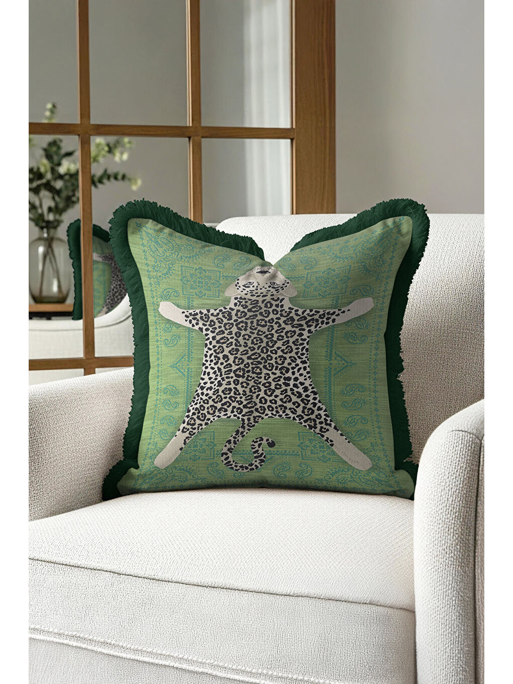 Karışık Lüks Leopar Figürlü Saçaklı Yastık Kılıfı - Bohem Yeşil Retro Mint Püsküllü Kırlent Kılıfı-3
