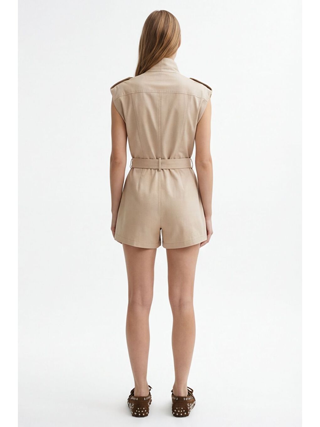 Asimetrik Yaka Kemerli Şort Tulum Bej-4