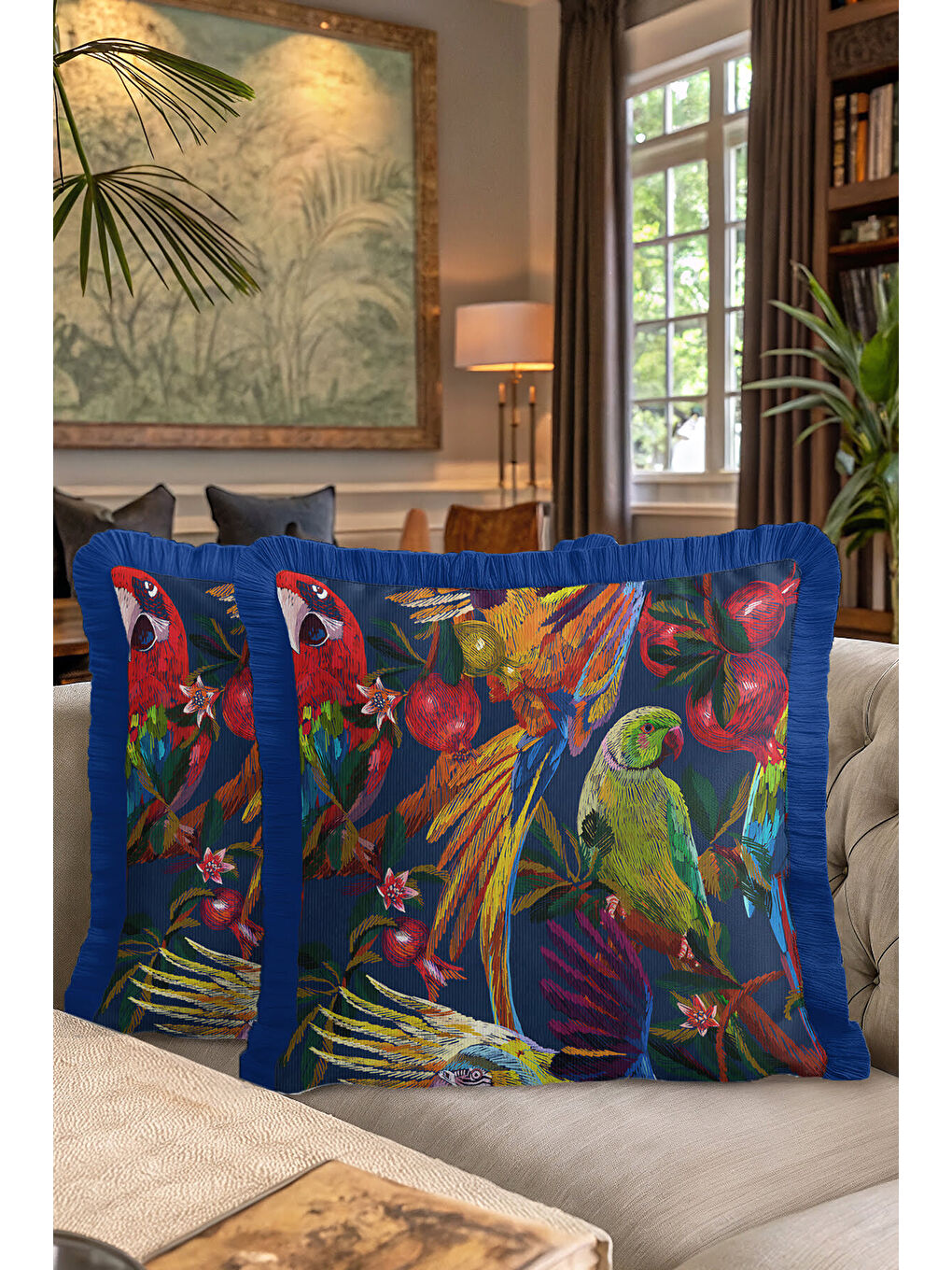 Karışık Tropikal Kuşlar Saçaklı Yastık Kılıfı - Bohem Gece Mavisi Püsküllü Kırlent Kılıfı-7