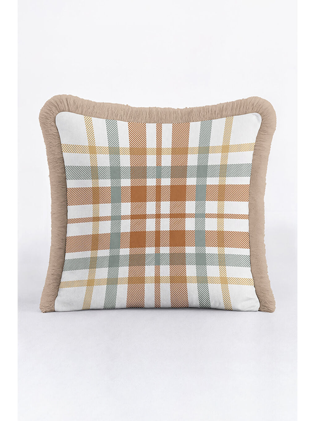 Karışık Klasik Ekose Saçaklı Yastık Kılıfı - Rustik İskandinav Karamel Bej Püsküllü Kırlent Kılıfı-1