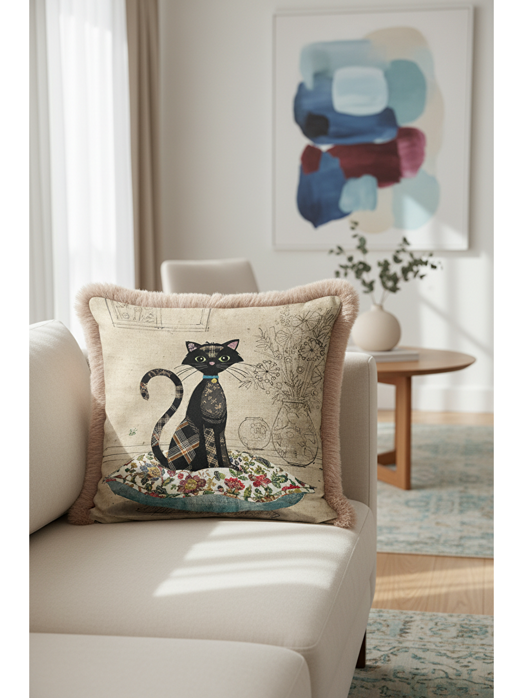 Karışık Vintage Patchwork Kedi Saçaklı Yastık Kılıfı - Çizgisel Çiçek Rustik Bej Püsküllü Kırlent Kılıfı