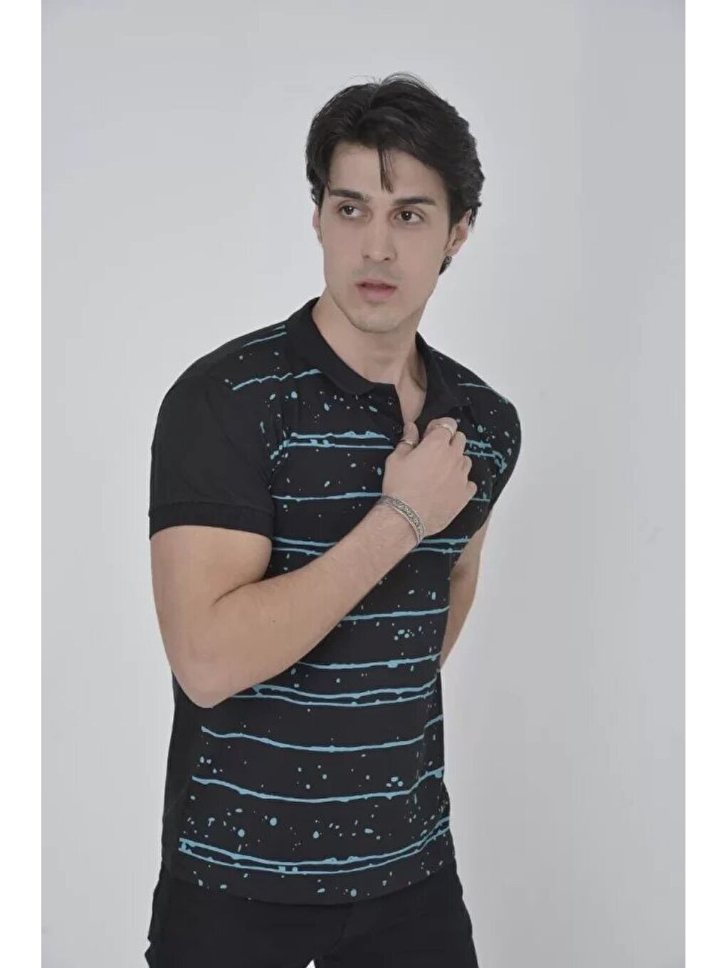 Erkek Yakalı Slim Fit Pike Çizgili T-Shirt - Siyah-1