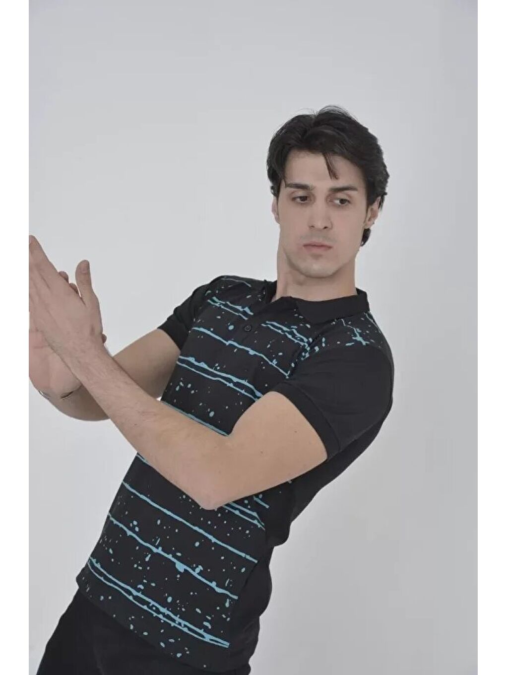 Erkek Yakalı Slim Fit Pike Çizgili T-Shirt - Siyah-2