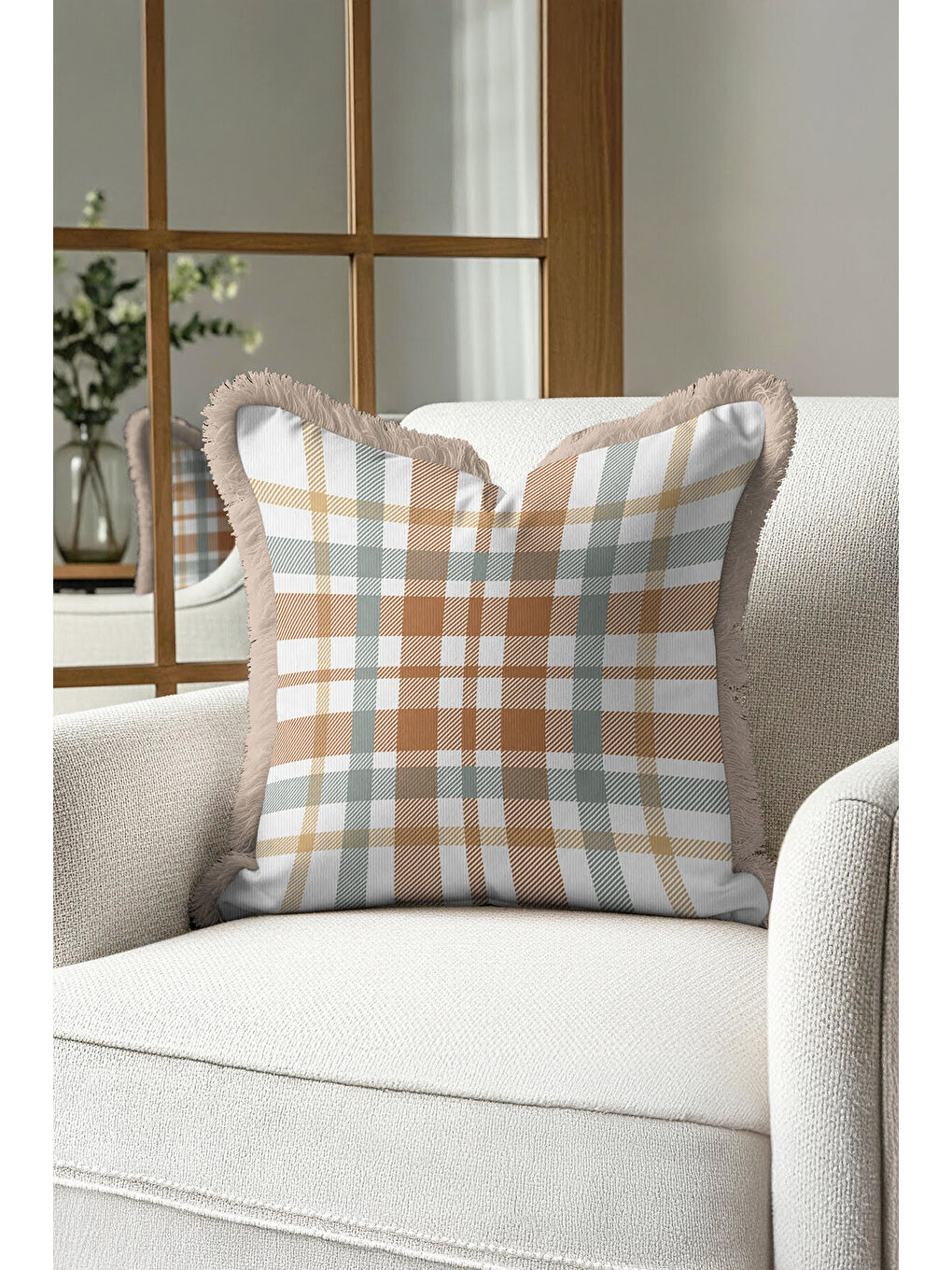 Karışık Klasik Ekose Saçaklı Yastık Kılıfı - Rustik İskandinav Karamel Bej Püsküllü Kırlent Kılıfı-2