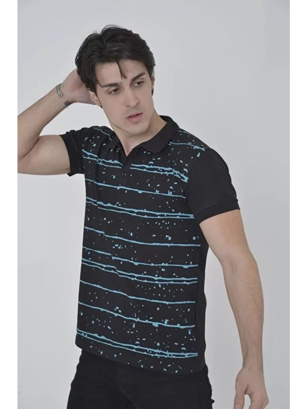 Erkek Yakalı Slim Fit Pike Çizgili T-Shirt - Siyah-3