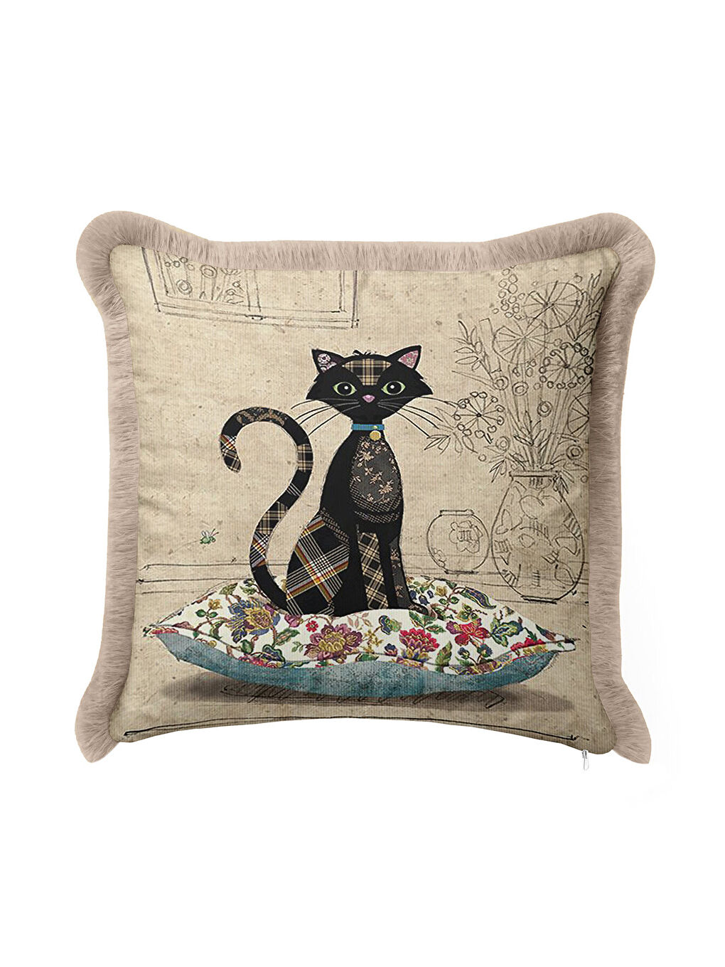 Karışık Vintage Patchwork Kedi Saçaklı Yastık Kılıfı - Çizgisel Çiçek Rustik Bej Püsküllü Kırlent Kılıfı-1
