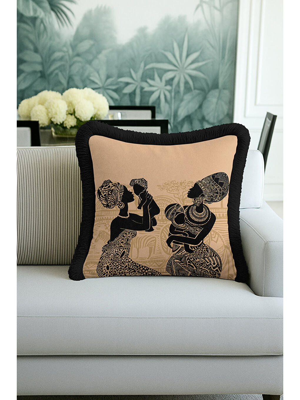 Karışık Afrika Sanatı Figürlü Saçaklı Yastık Kılıfı - Etnik Bohem Siyah Bej Püsküllü Kırlent Kılıfı