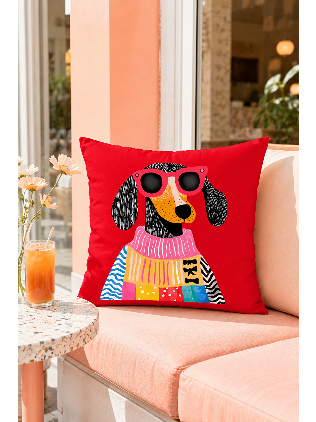Kırmızı Gözlüklü Köpek Pop Art Desenli Dekoratif Kırlent Kılıfı Modern Salon Dekor 43x43 Cm-1