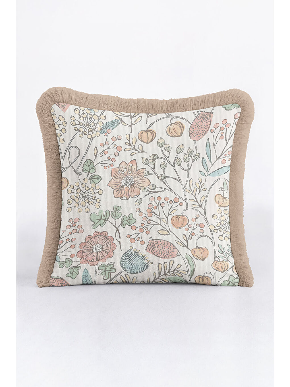 Karışık Zarif Vintage Çiçekli Saçaklı Yastık Kılıfı - Pastel Country Bej Püsküllü Kırlent Kılıfı-2