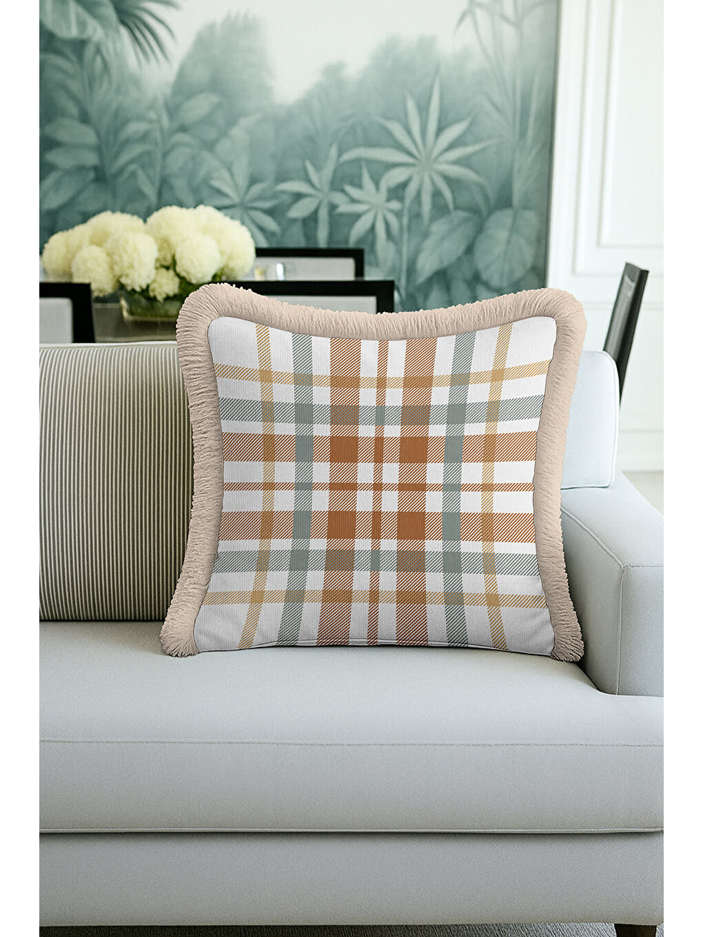 Karışık Klasik Ekose Saçaklı Yastık Kılıfı - Rustik İskandinav Karamel Bej Püsküllü Kırlent Kılıfı-3