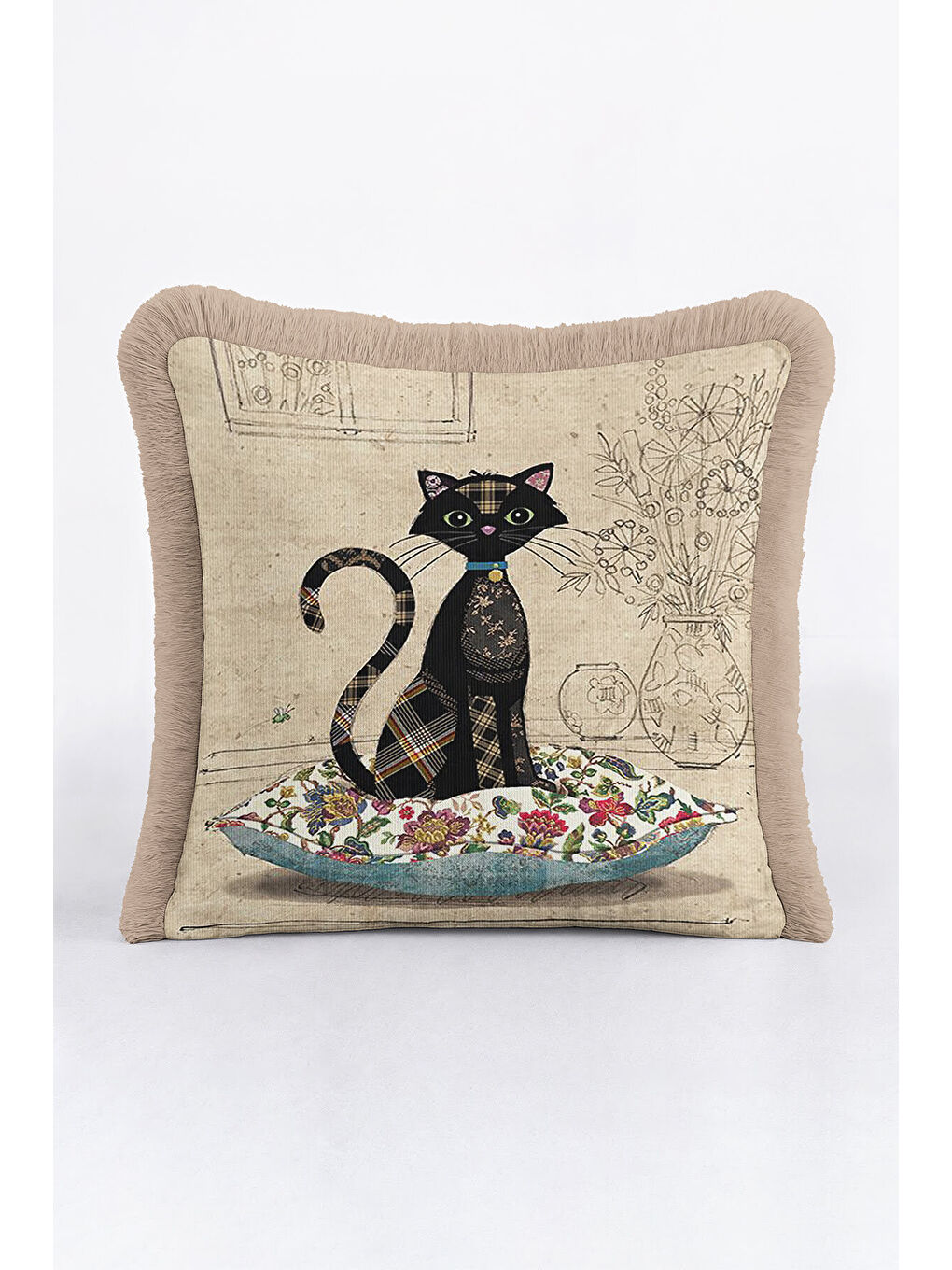 Karışık Vintage Patchwork Kedi Saçaklı Yastık Kılıfı - Çizgisel Çiçek Rustik Bej Püsküllü Kırlent Kılıfı-2