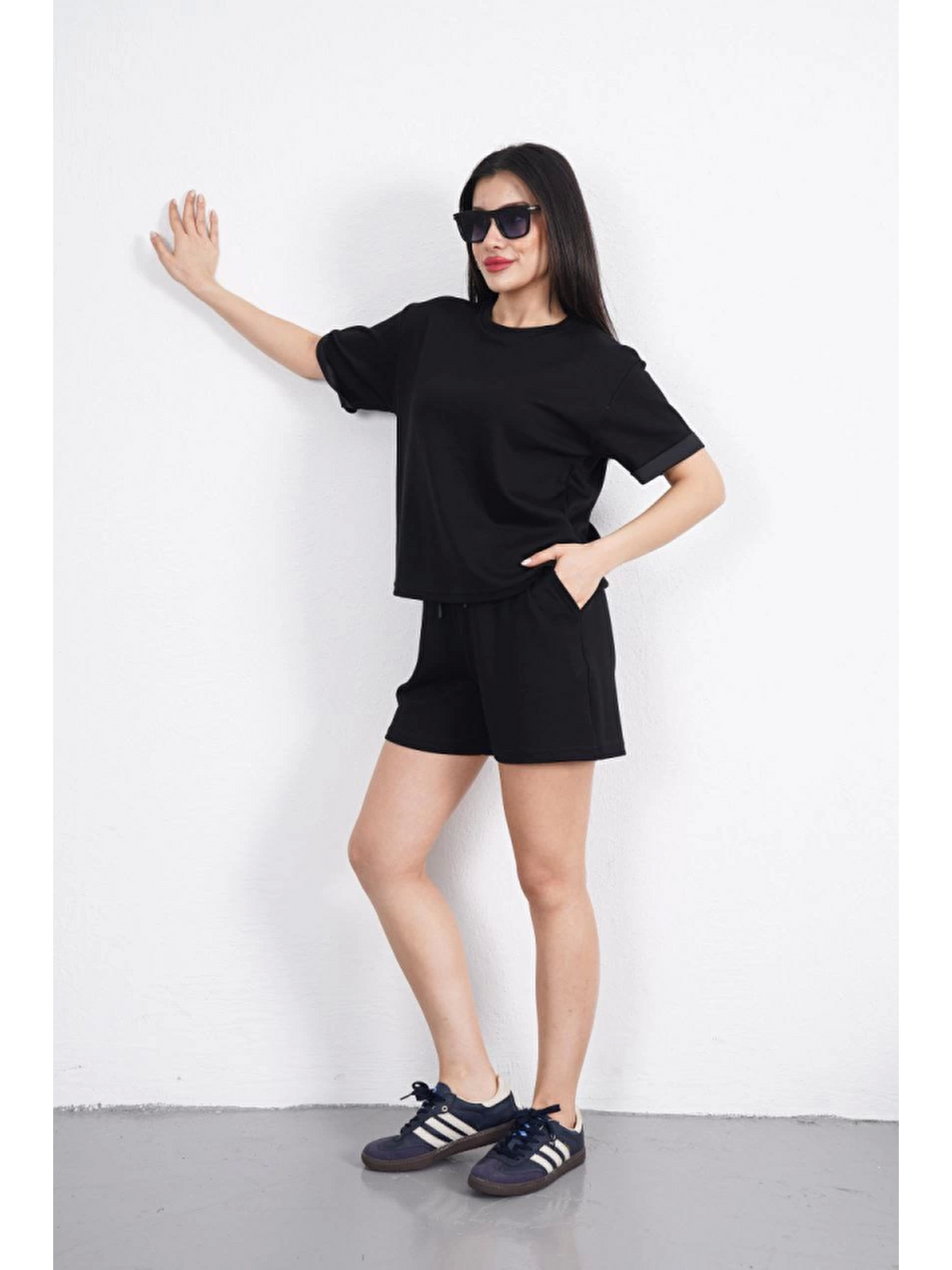 Osy Modal Yumuşak Dokulu Kumaş Bisiklet Yaka T-shirt Kısa Şort İkili Takım - Siyah-1