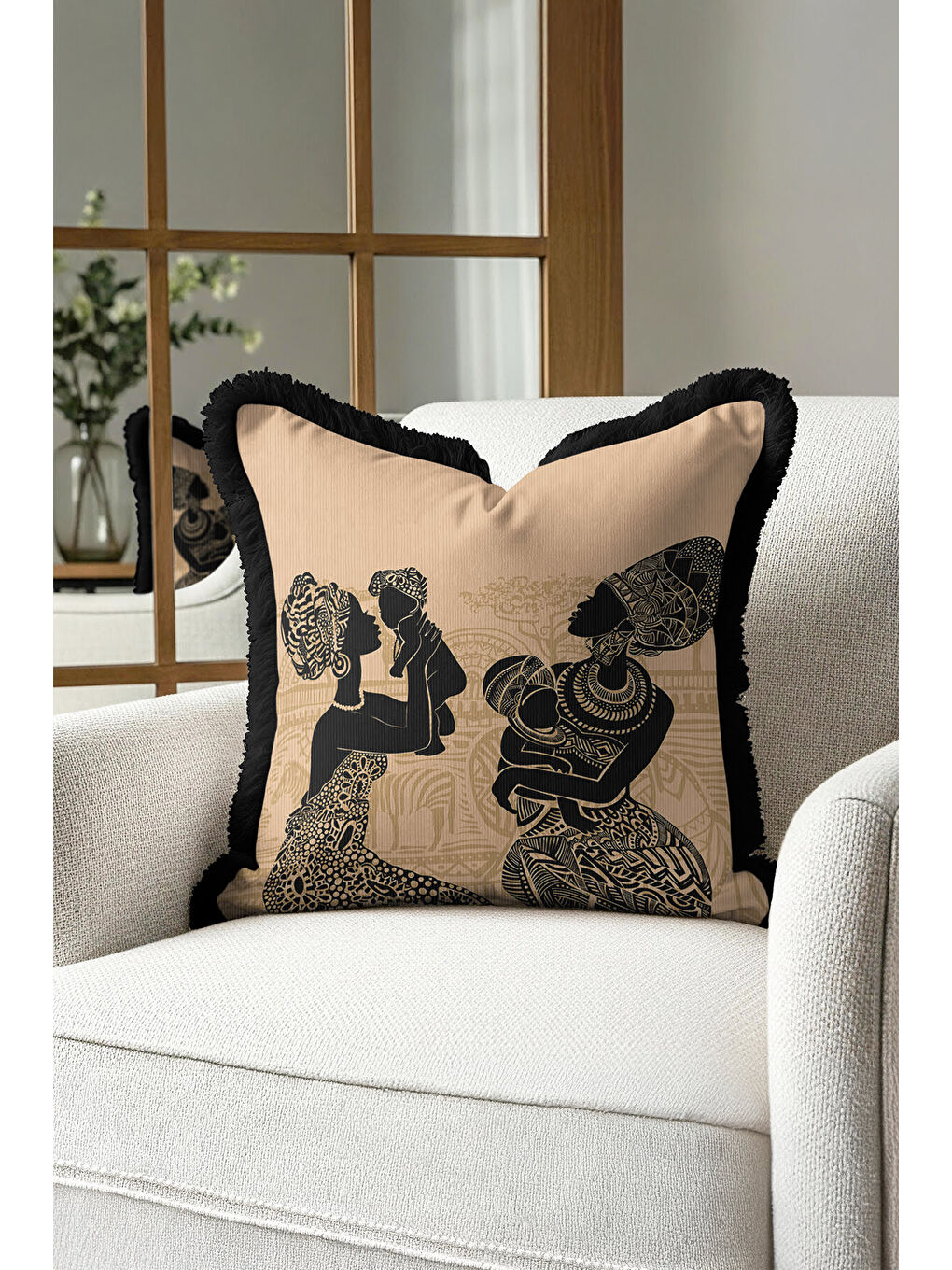 Karışık Afrika Sanatı Figürlü Saçaklı Yastık Kılıfı - Etnik Bohem Siyah Bej Püsküllü Kırlent Kılıfı-1