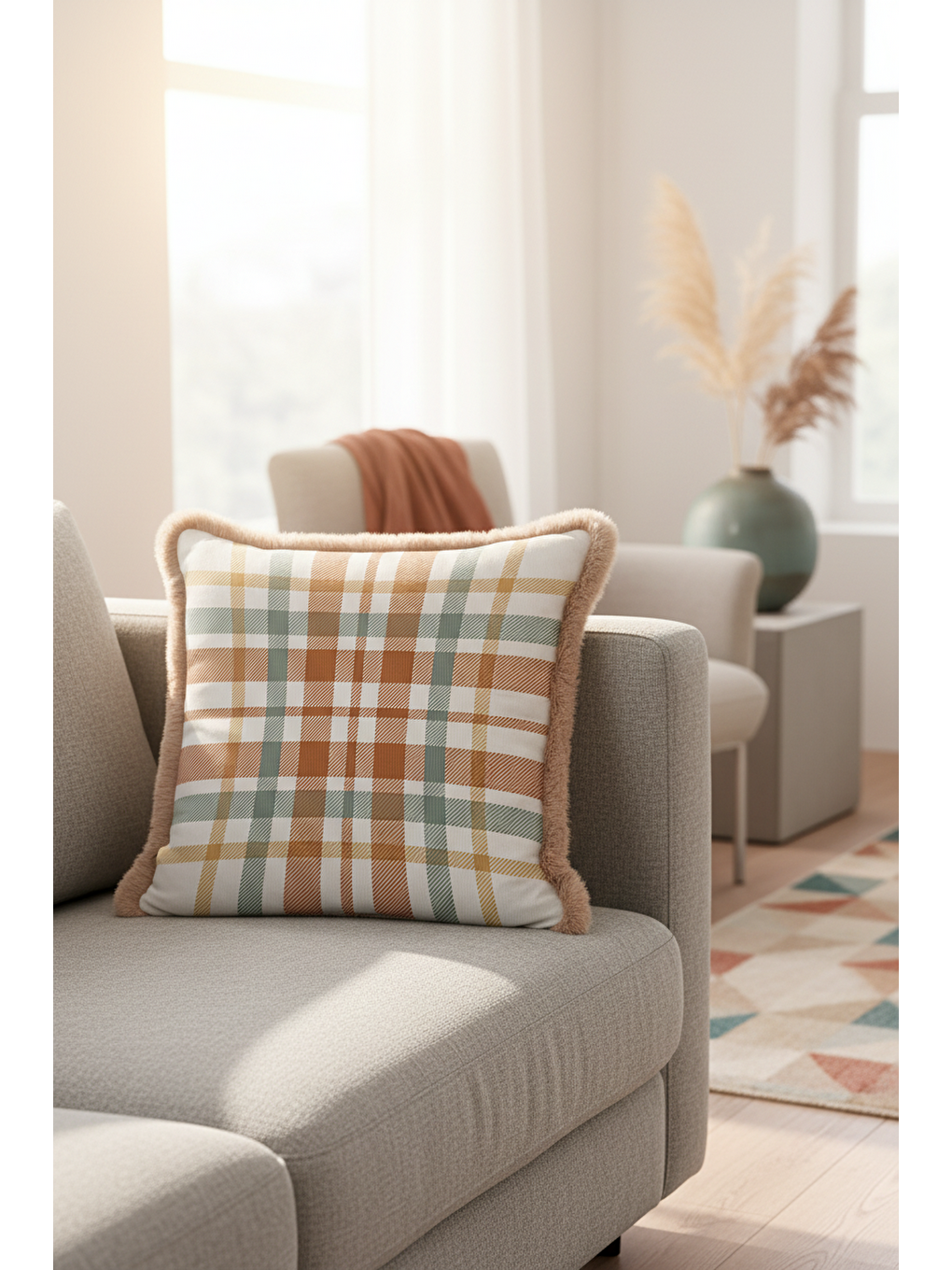 Karışık Klasik Ekose Saçaklı Yastık Kılıfı - Rustik İskandinav Karamel Bej Püsküllü Kırlent Kılıfı-4
