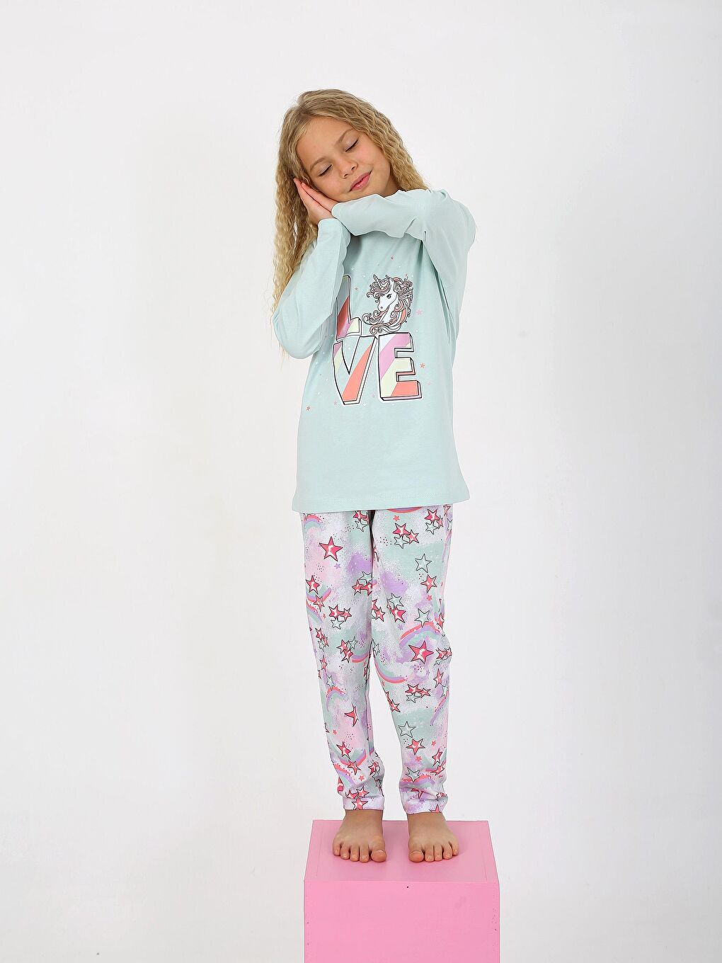 Yeşil Kız Çocuk Uzun Kollu %100 Pamuklu Pijama Takımı Star Love Mint-1