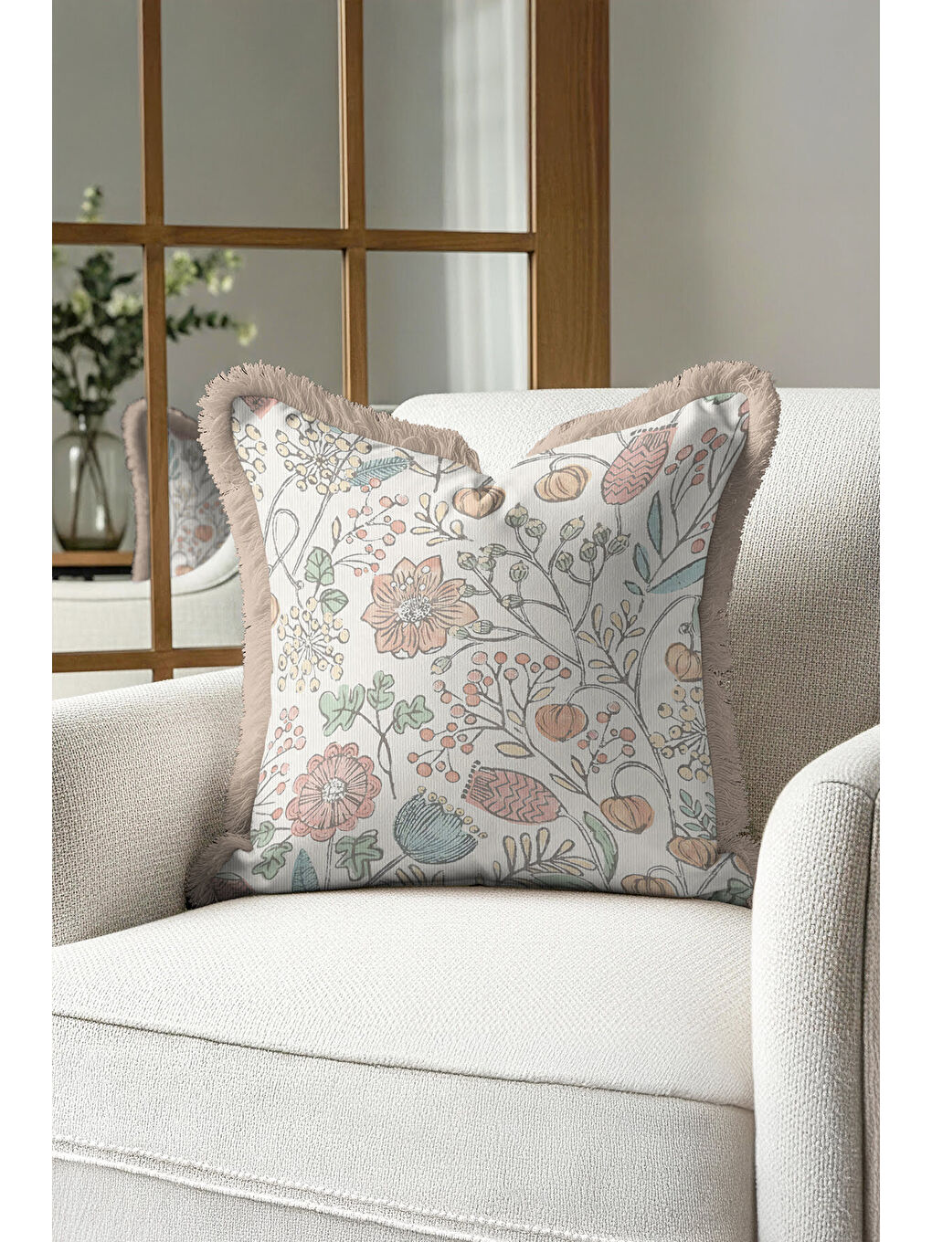 Karışık Zarif Vintage Çiçekli Saçaklı Yastık Kılıfı - Pastel Country Bej Püsküllü Kırlent Kılıfı-3
