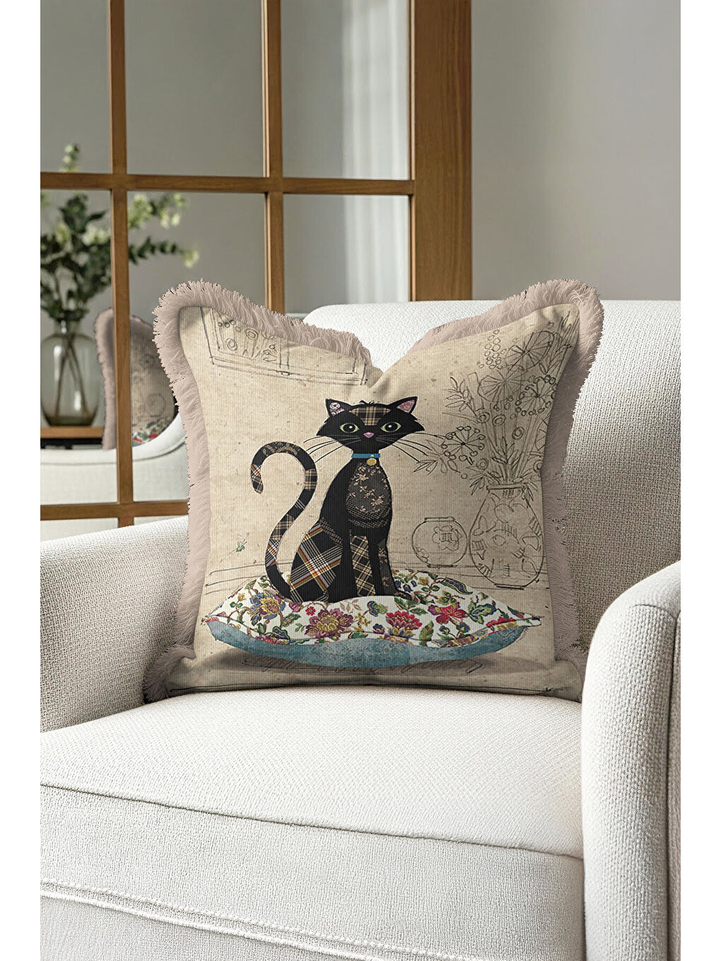 Karışık Vintage Patchwork Kedi Saçaklı Yastık Kılıfı - Çizgisel Çiçek Rustik Bej Püsküllü Kırlent Kılıfı-3