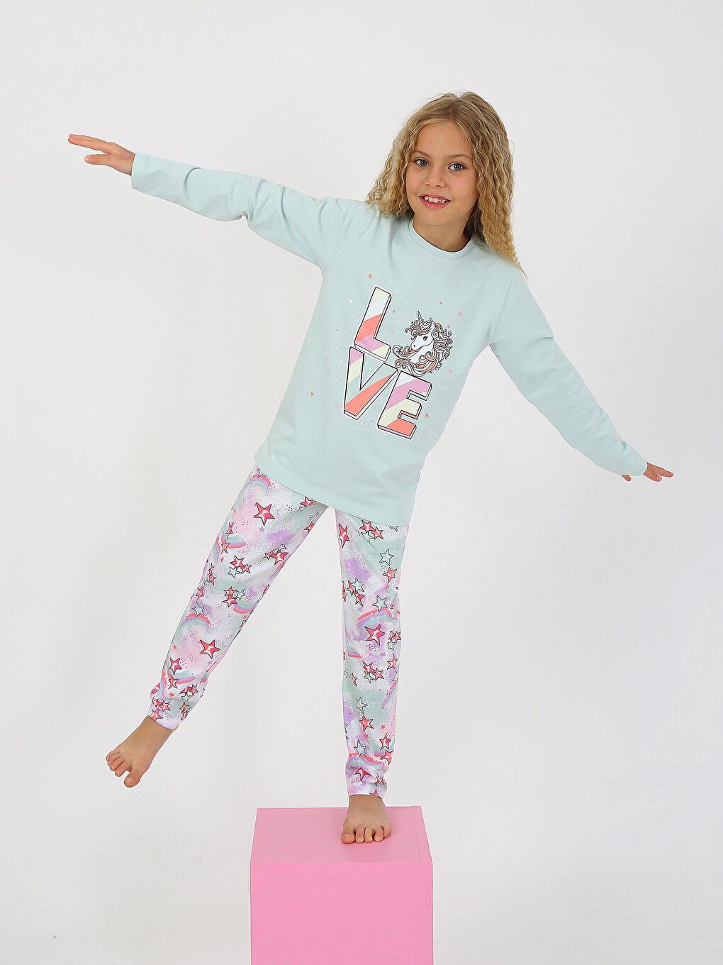 Yeşil Kız Çocuk Uzun Kollu %100 Pamuklu Pijama Takımı Star Love Mint-2