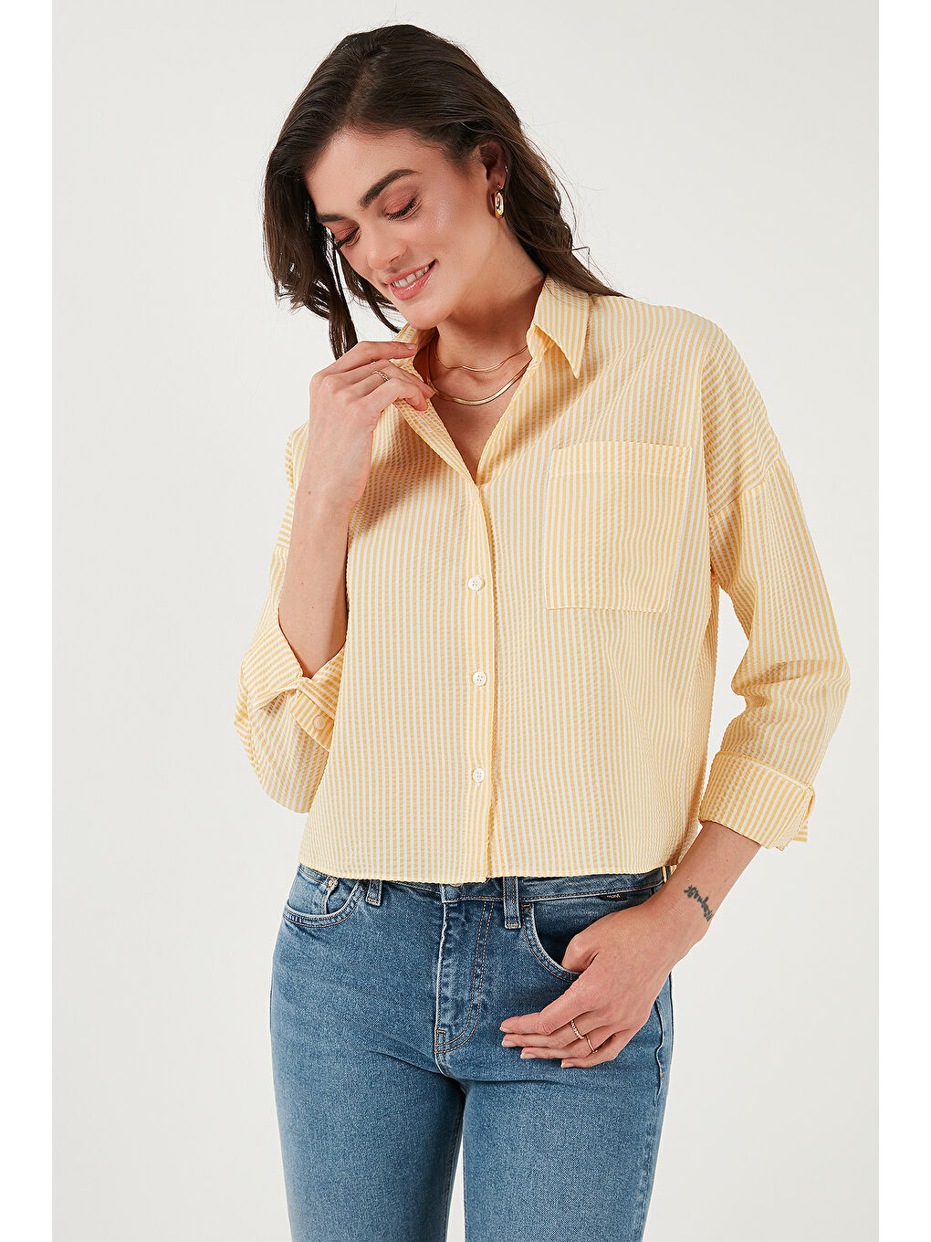 Sarı Regular Fit Çizgili Göğüs Cepli Dokulu Gömlek 6772870-1