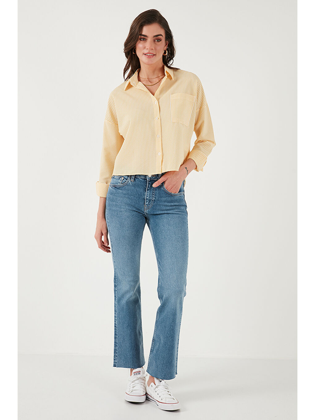 Sarı Regular Fit Çizgili Göğüs Cepli Dokulu Gömlek 6772870-2