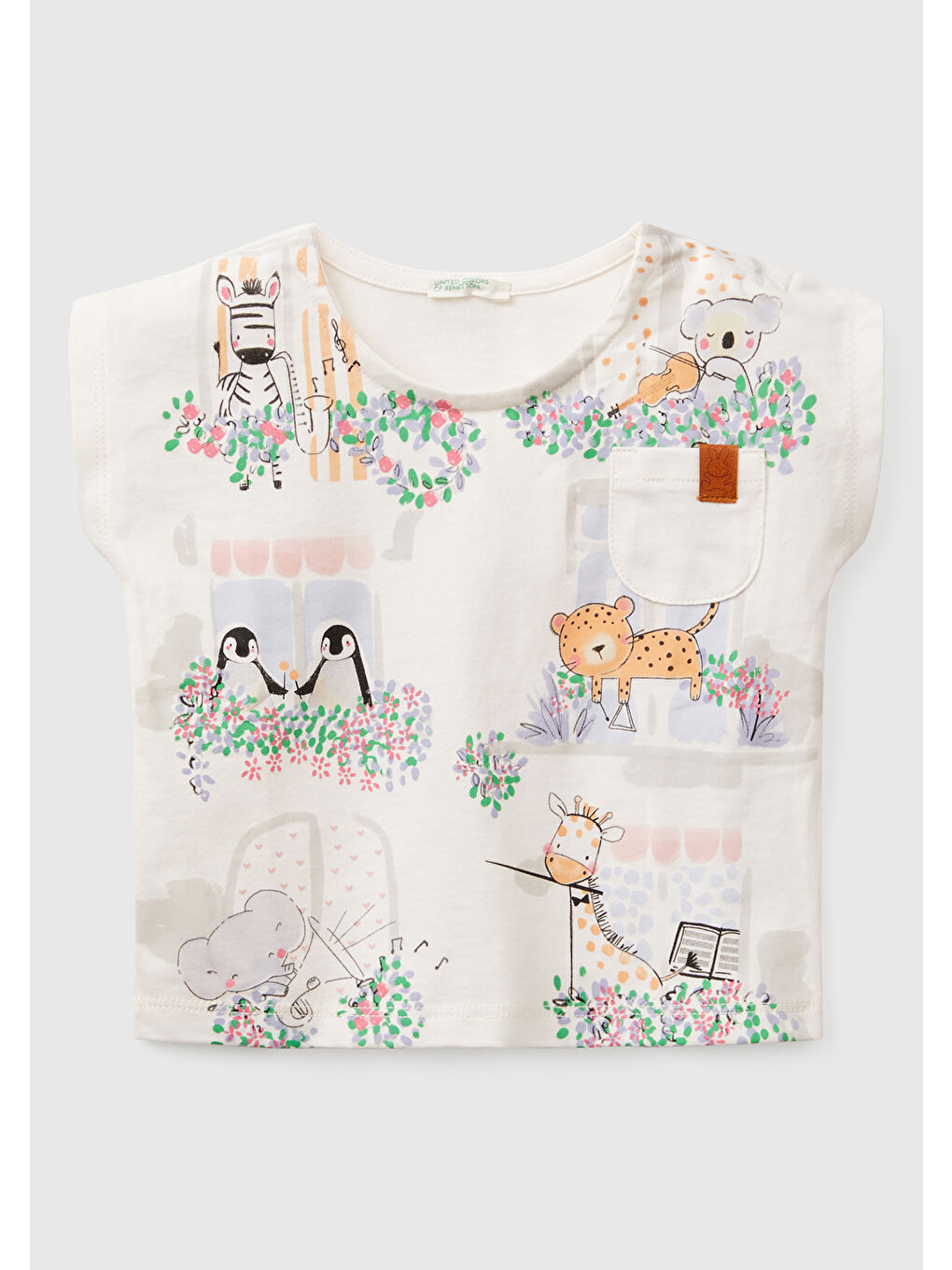 Bebek Ekru Grafik Baskılı Cep Detaylı Tişört