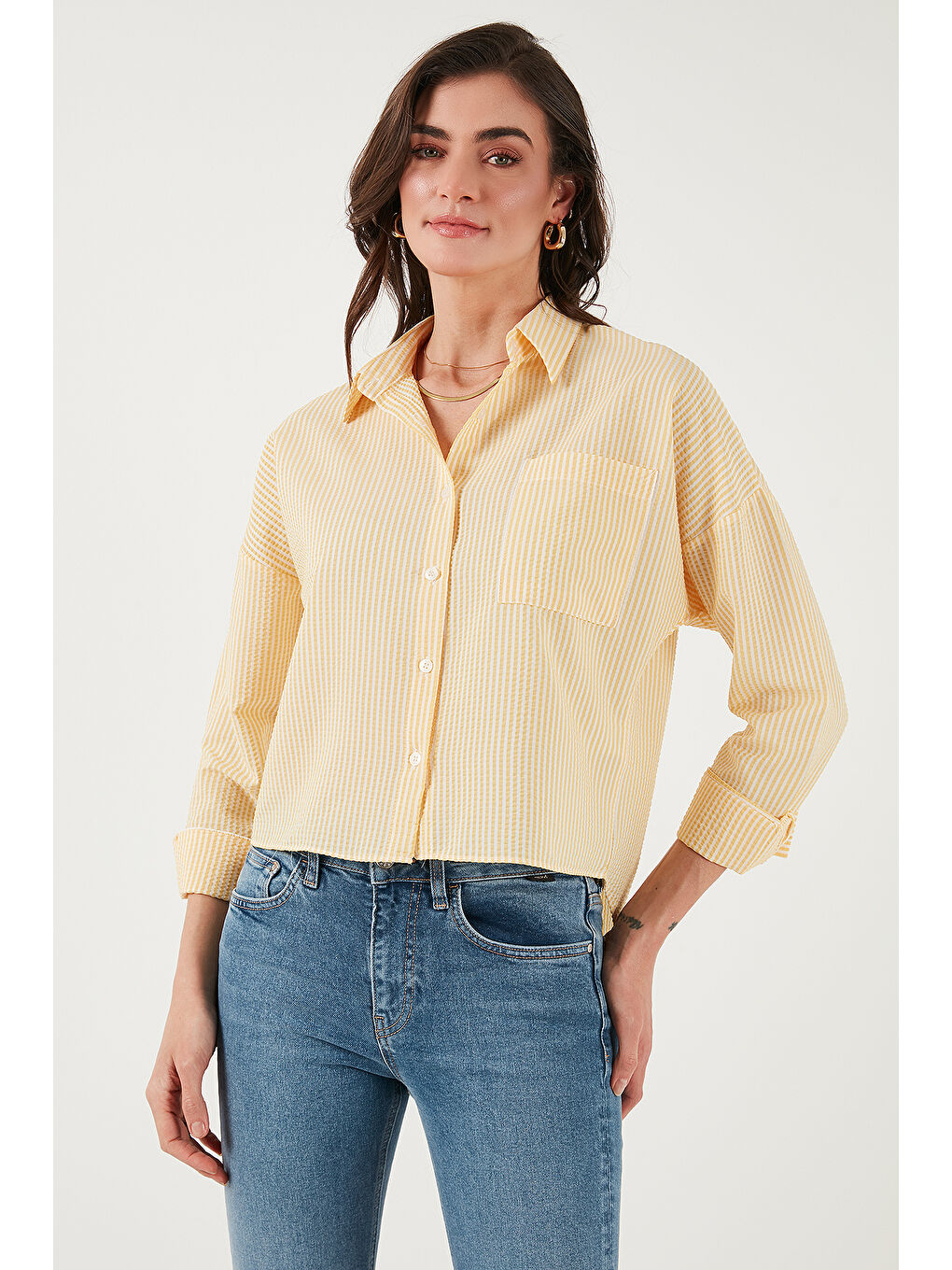 Sarı Regular Fit Çizgili Göğüs Cepli Dokulu Gömlek 6772870-3